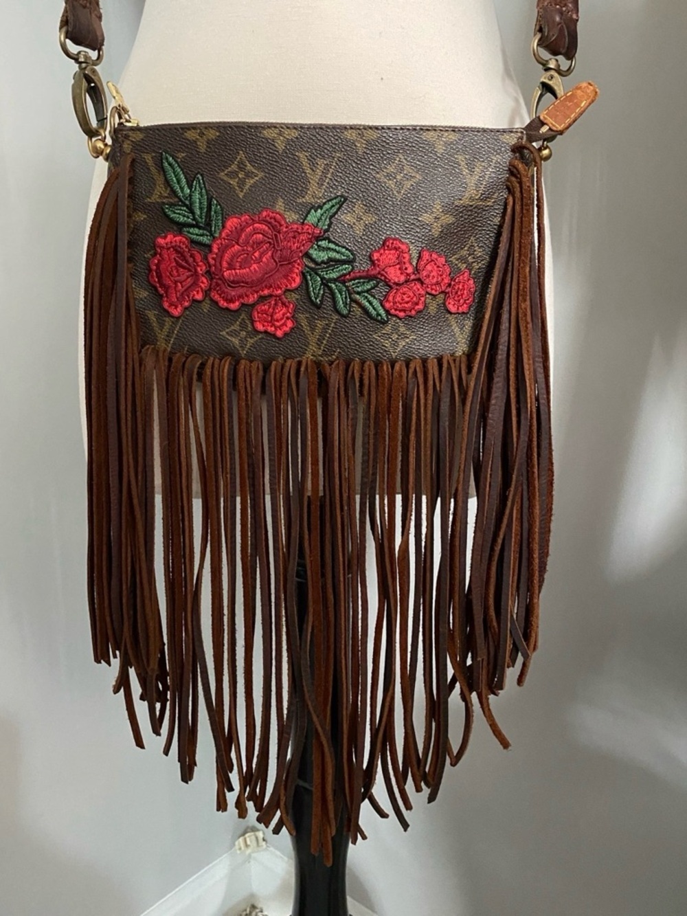 Louis Vuitton Fringe Crossbody Bag with Red Rose Embroidery - Brown - Picture 2 of 13